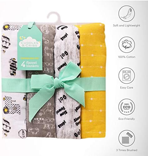 Cuddles & Cribs New Born Cotton Flannel Baby Receiving Blankets - 4 Count (Cars & Stripes)
