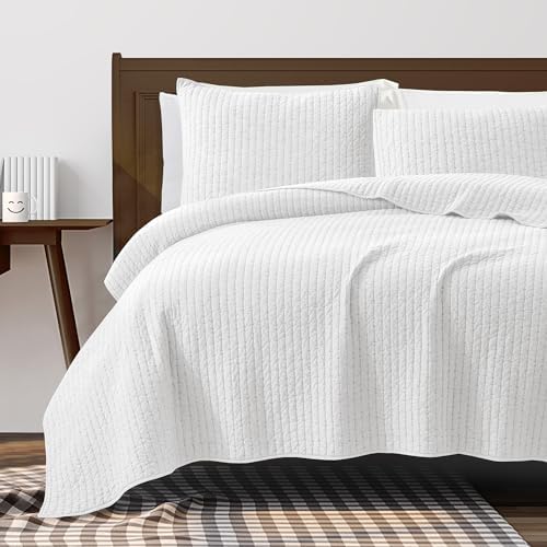 Enviohome -Reversible Striped Cotton Geometric Pattern Bedspread- White
