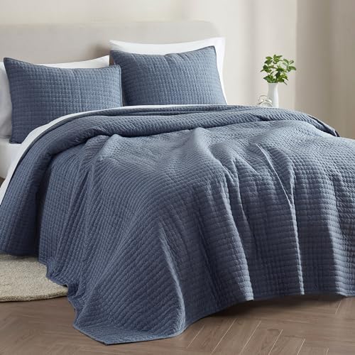 Gold Marque-Reversible Striped Cotton Geometric Pattern Bedspread- Heather Blue