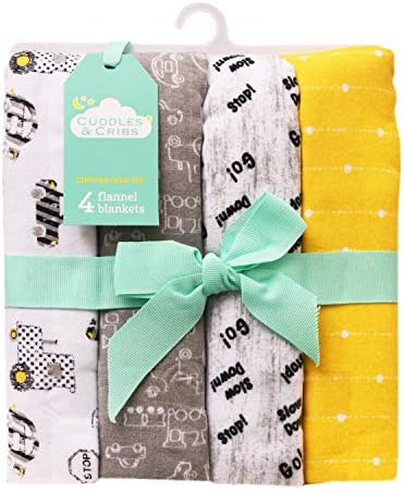 Cuddles & Cribs New Born Cotton Flannel Baby Receiving Blankets - 4 Count (Cars & Stripes)