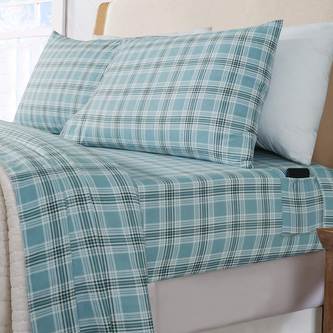 Double Brushed Flannel Sheet Set -Grey Plaid