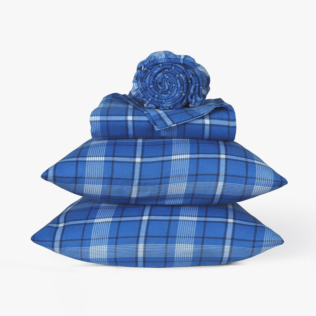 Double Brushed Flannel Sheet Set - Dark Blue Plaid