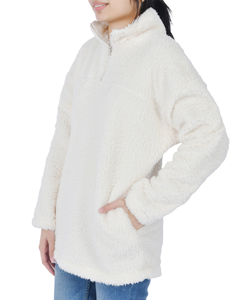 Hampton Ridge Women's  Long Sleeve Fuzzy Sherpa Fleece Zip-Up Sweatshirt -WHITE
