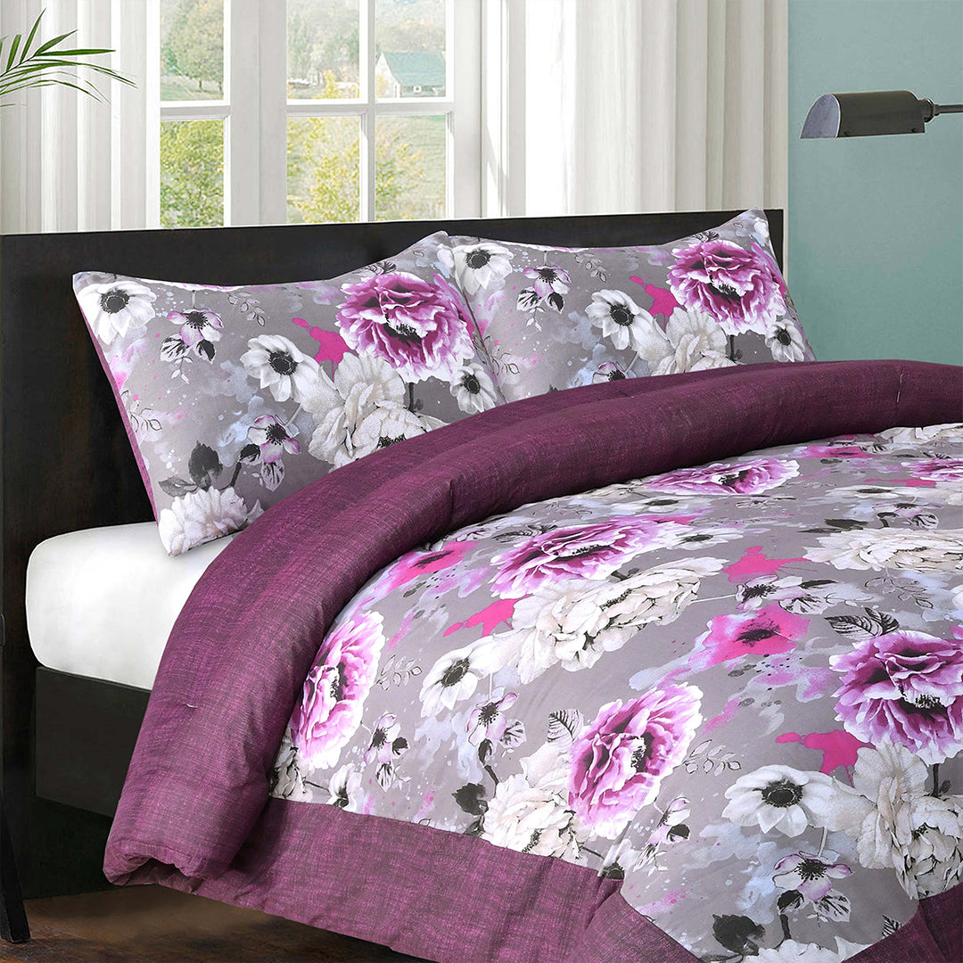 3 PC Polycotton Comforter Set -Inky Floral